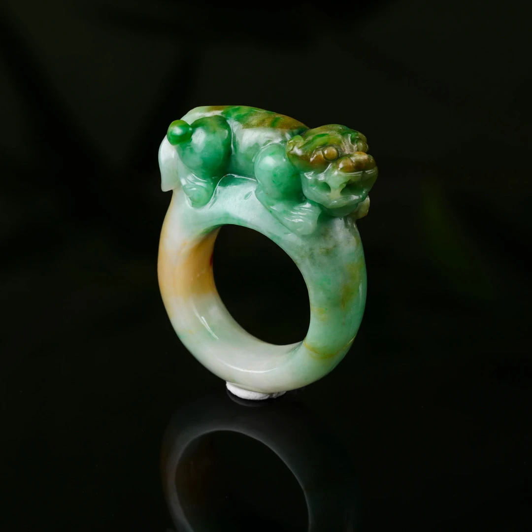 【意婵】《所爱》（9-11）天然稀缺缅A黄加绿老翡翠精雕貔貅戒指-914785