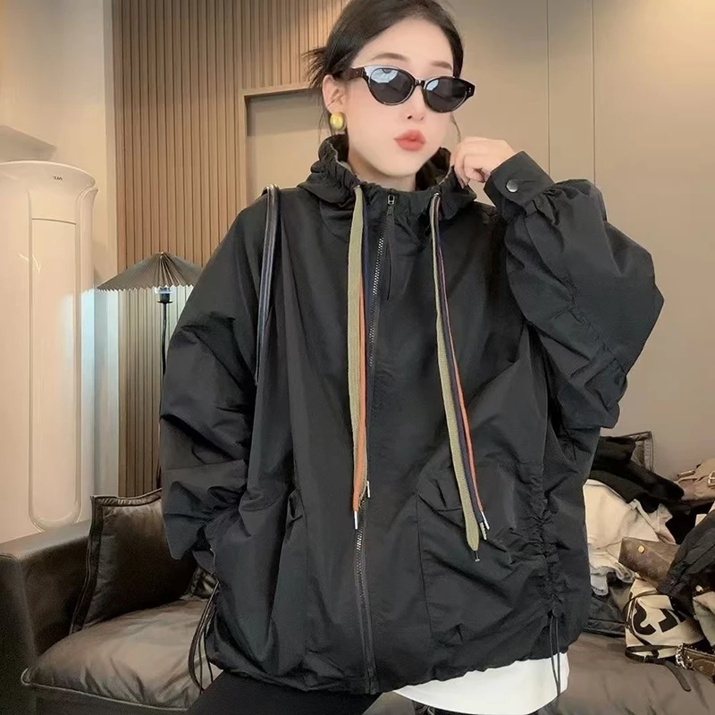 2025时尚风衣秋冬款二棉外套拼接连帽新款抽绳宽松设计休闲冲锋衣