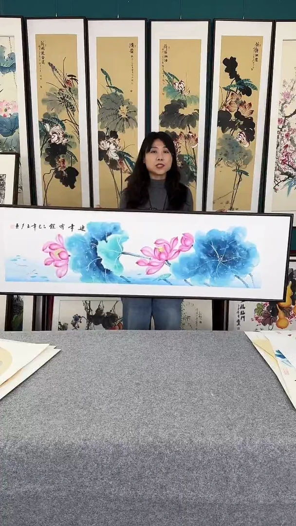 国画荷花实木装裱48*163
