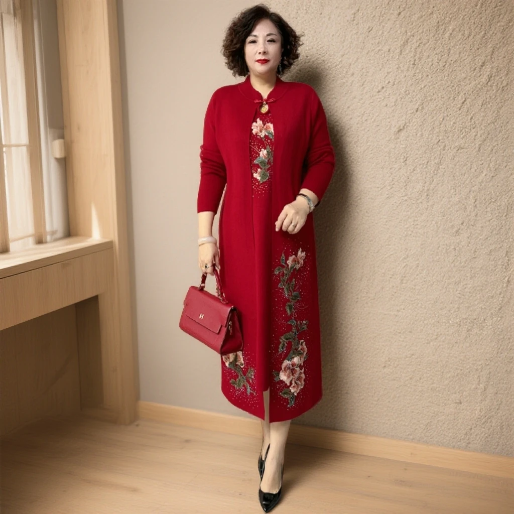 80155裙外套长款女士两件套刺绣中老年婚宴喜毛针织假婆婆衣裙