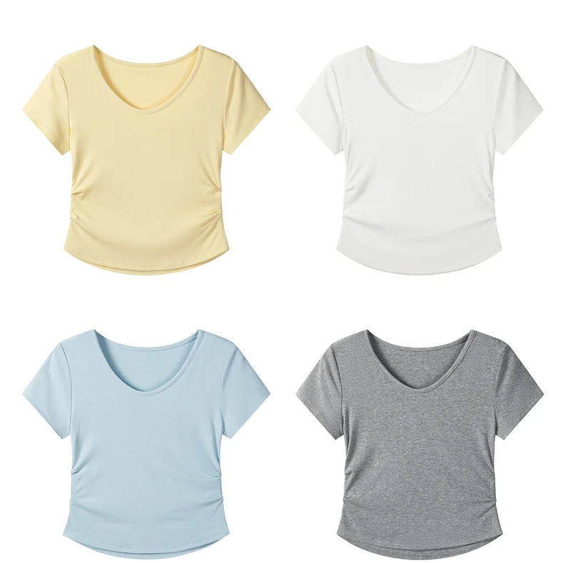 羊城故事-纯色v领捏褶正肩短袖t女2025新款简约修身休闲上衣5860