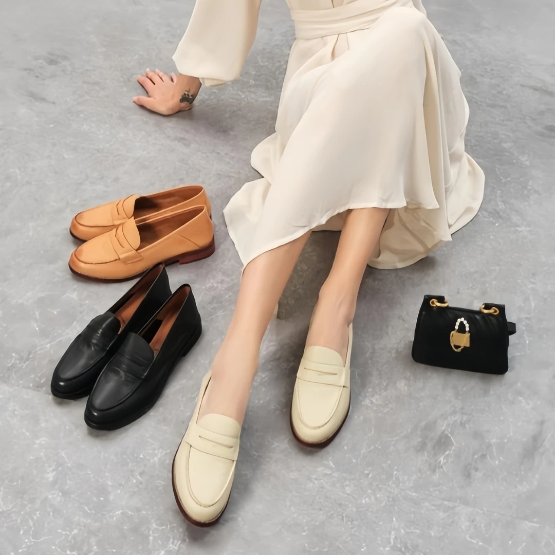 Julia Heuer女士圆头马克线软底乐福鞋一脚蹬真皮平底女单鞋2163