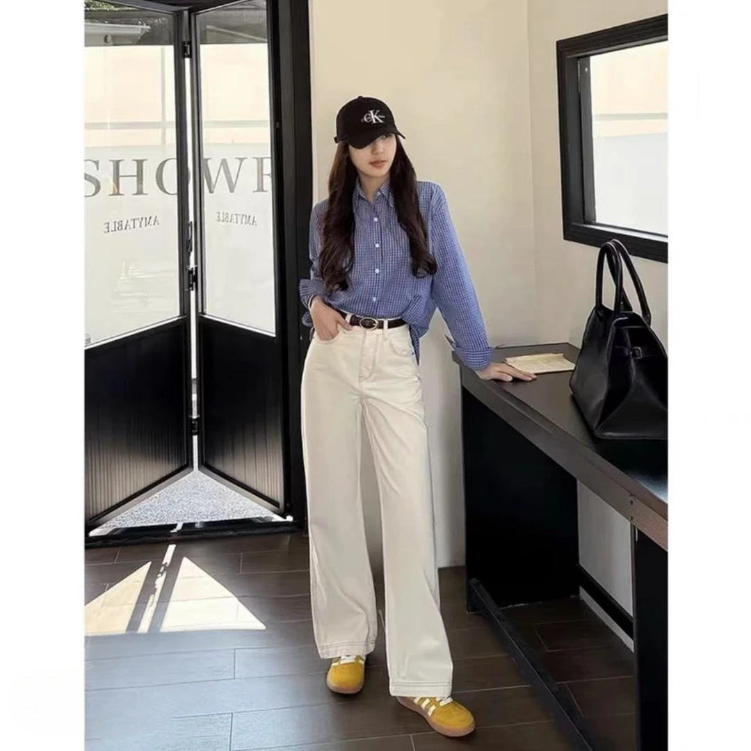 【腰带+运费险】英浩3-6杏色三本针牛仔高腰春季宽松休闲窄版阔腿裤