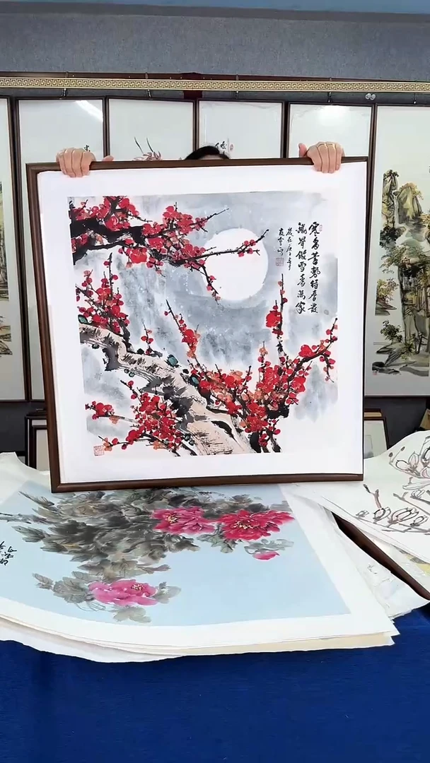 国画梅花图 实木画框83*83