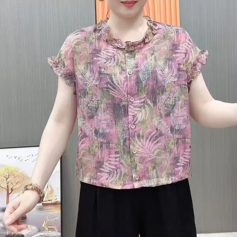 夏季女士新款百搭显瘦花边领短袖衬衫宽松开衫上衣时尚气质小衫女