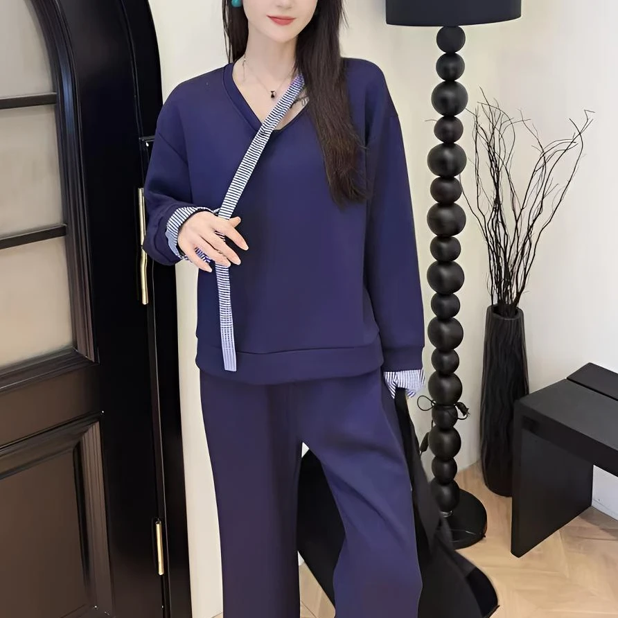 休闲简约条纹拼接卫衣套装气质洋气时尚百搭宽松长袖秋季阔腿