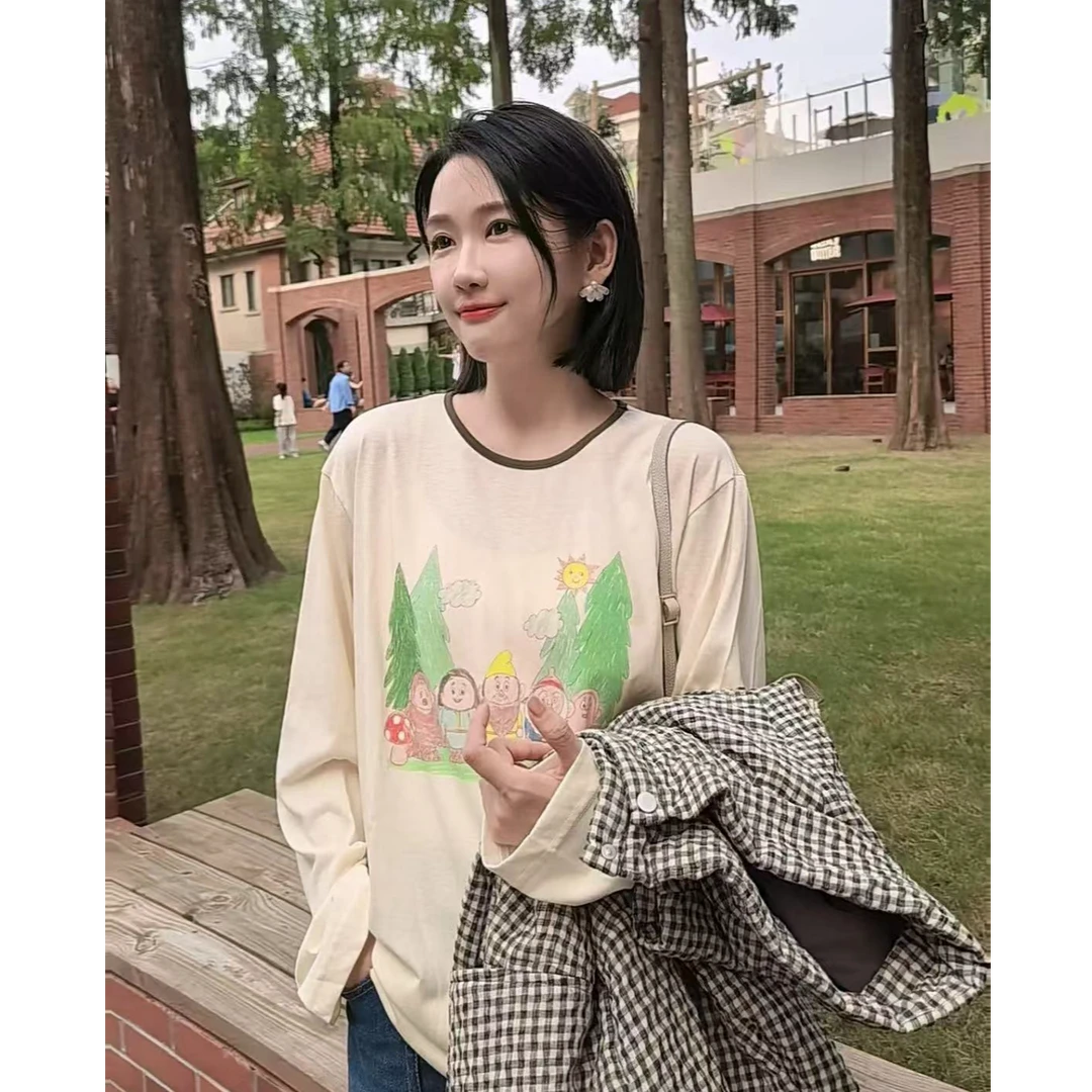Aixiaomei/爱小美【美式隐藏款】复古长袖圆领宽松卡通T恤SY-2860
