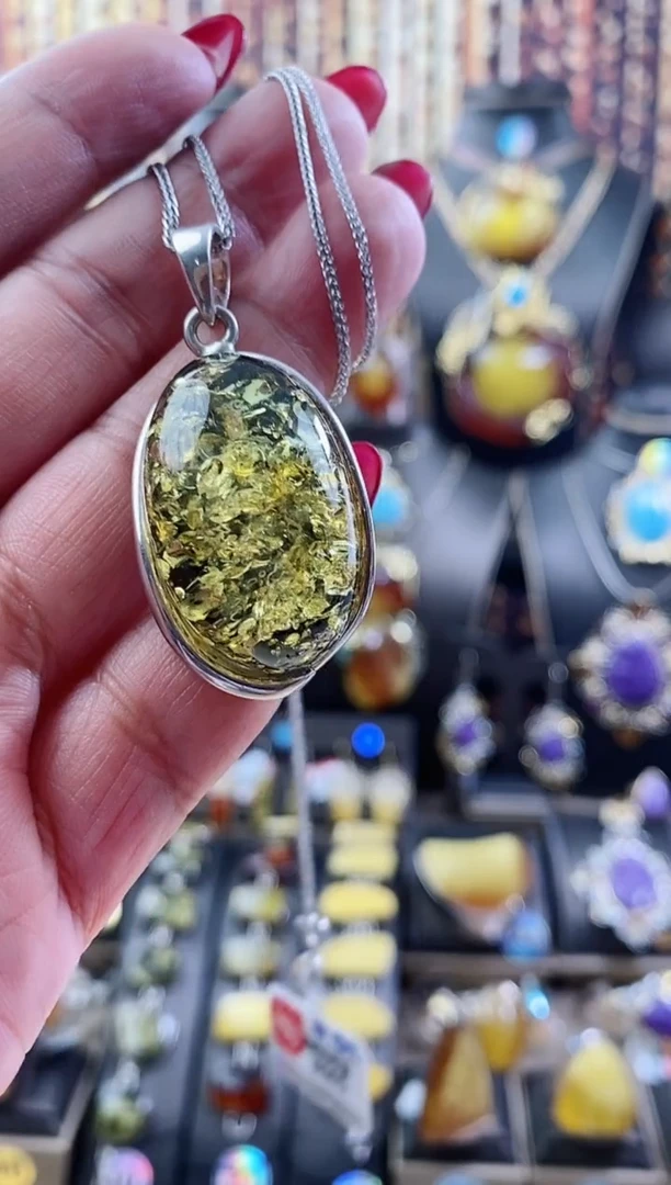 琥珀颈饰银S925镶嵌吊坠