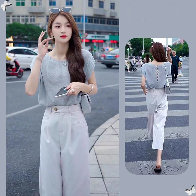 后背镂空薄款冰丝针织衫女2025新夏百搭休闲九分裤两件套