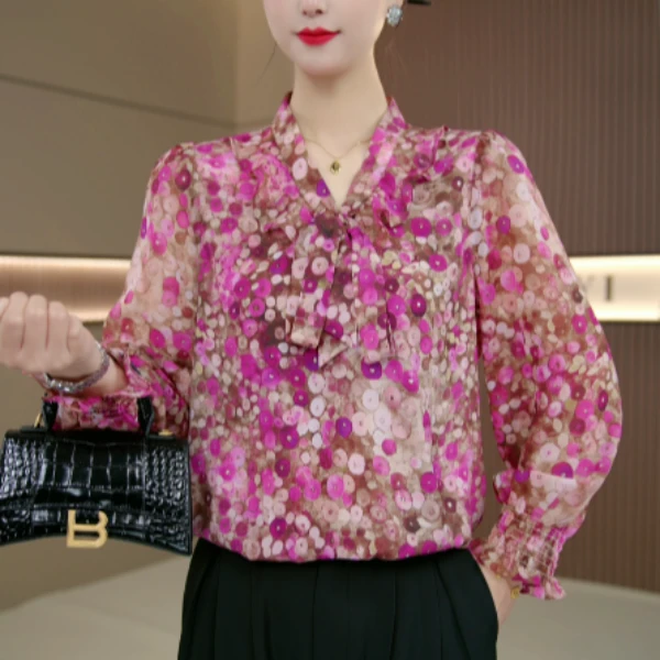 紫色风铃 气质长袖衬衫2025新款优雅飘带小衫时尚春游显瘦上衣