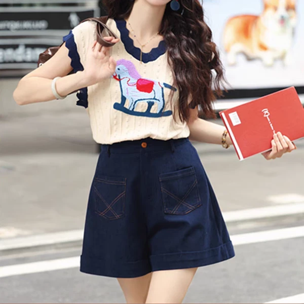 夏季圆领撞色港风针织毛衣T恤阔腿短裤套装时尚一整套两件套女潮