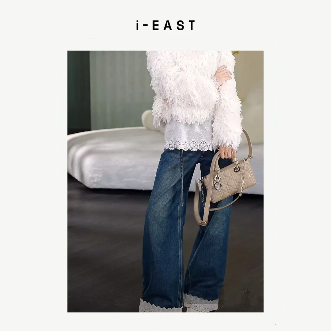 i-EAST 钩花牛仔裤~做旧设计感下摆钩花牛仔裤-4D K13023