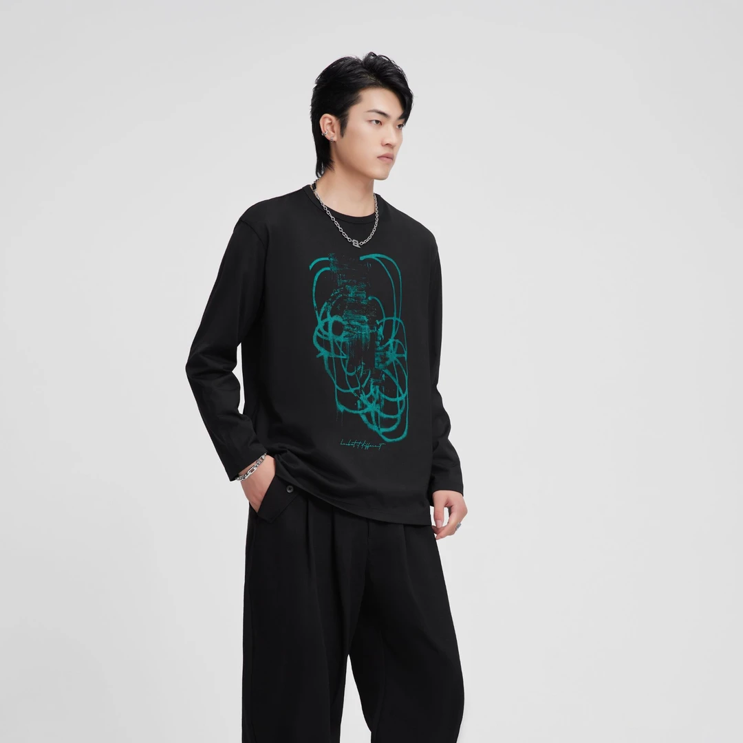 HERBEL/黑白2025春秋季男士长袖T恤百搭款式时尚休闲潮流纯色1643