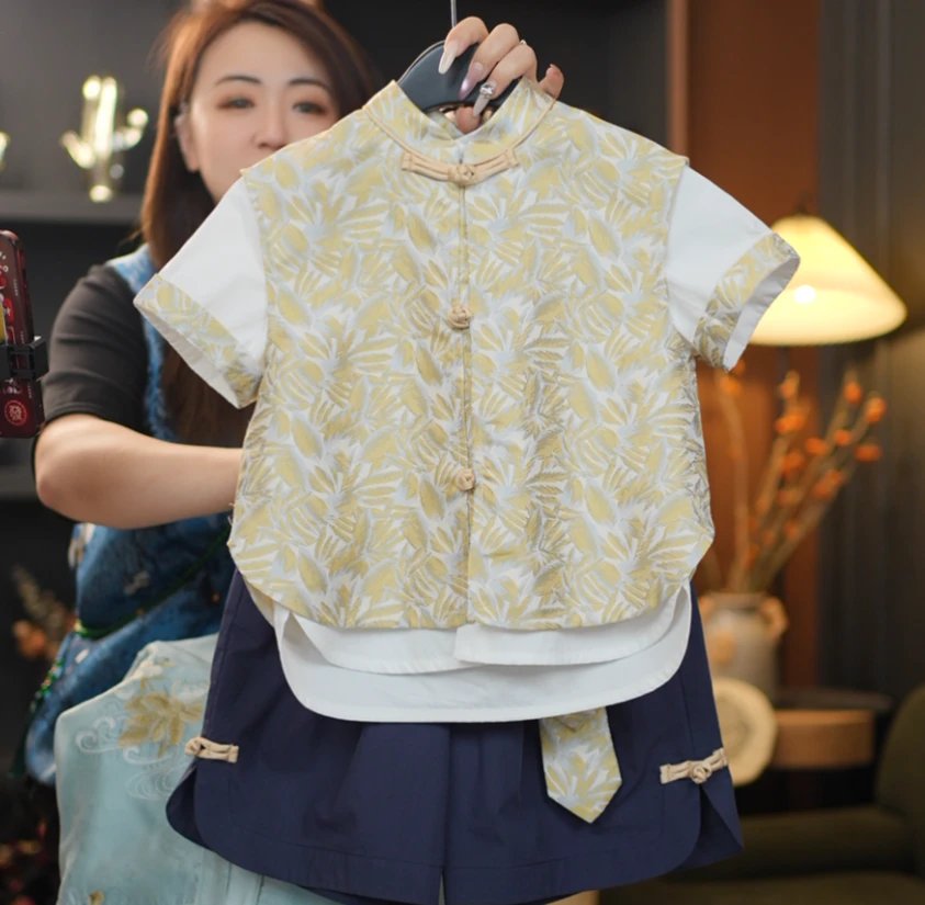 【琨萱】“”2025男童夏款新中式马甲短袖短裤套装SS67T071