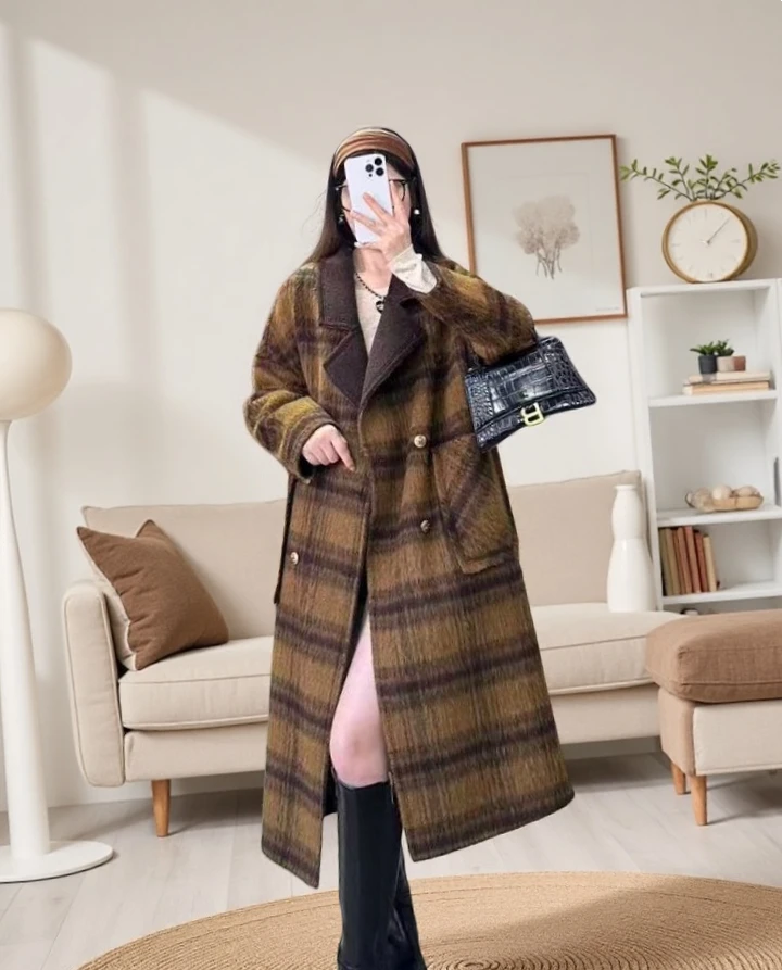 秋冬高级感双面穿格子双排扣长款羊驼大衣毛呢2709
