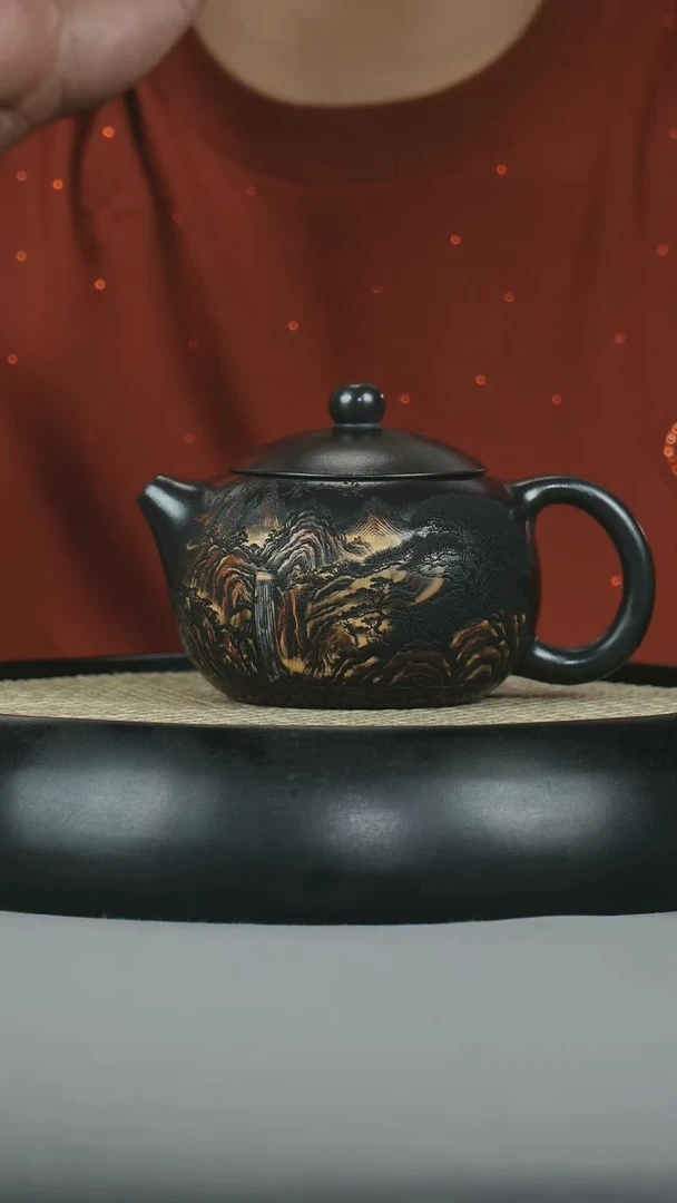 茶壶紫砂 原矿石黄 西施 彩刻山水