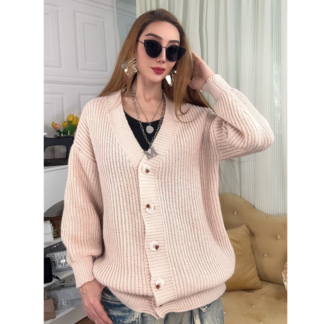 214-毛针织衫拼接宽松V领条纹秋冬秋季针织衫女装时尚中长款韩版