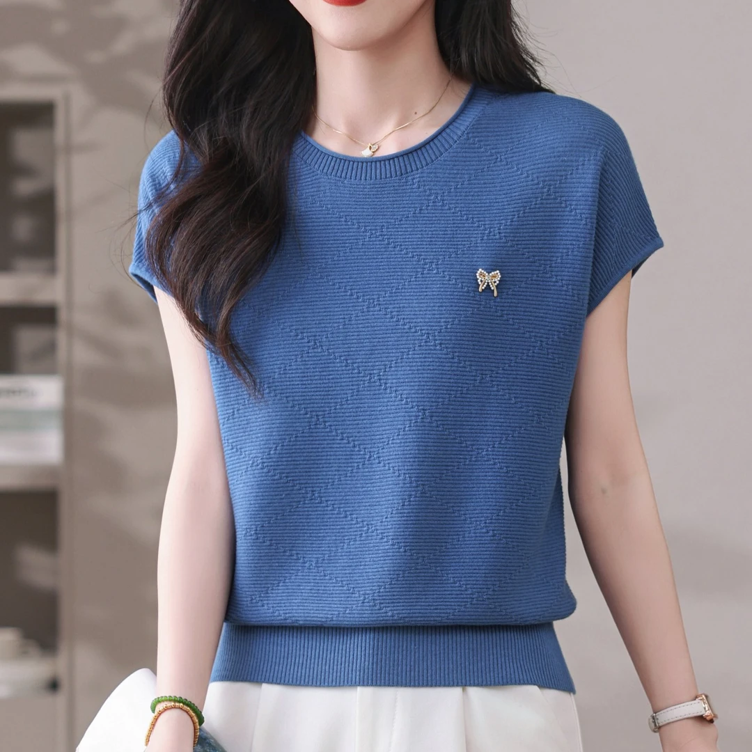 天丝短袖圆领T恤女夏季短纯色格子套头蝙蝠衫宽松遮肚子薄针织衫