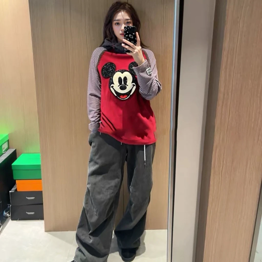 【奇迹】春秋个性拼色条纹卡通文案印花贴布连帽上衣.Y744