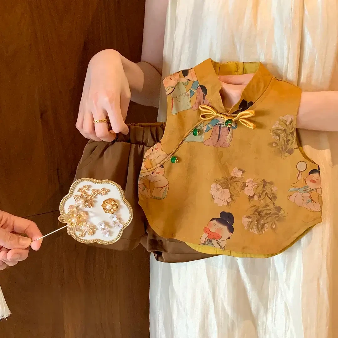 女童国风套装2025新款夏装小童女宝宝短裤背心两件套洋气