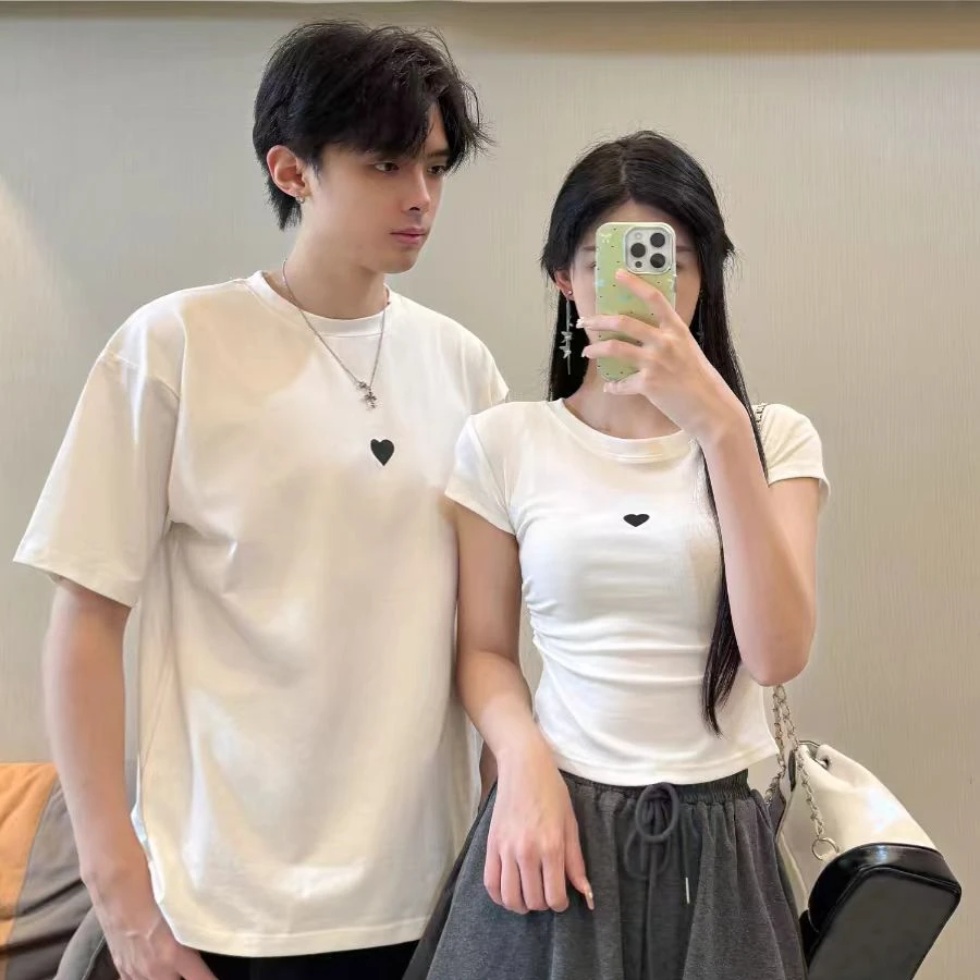 特别的情侣装夏装2025新款很仙的短袖T恤一长一短设计感收腰上衣