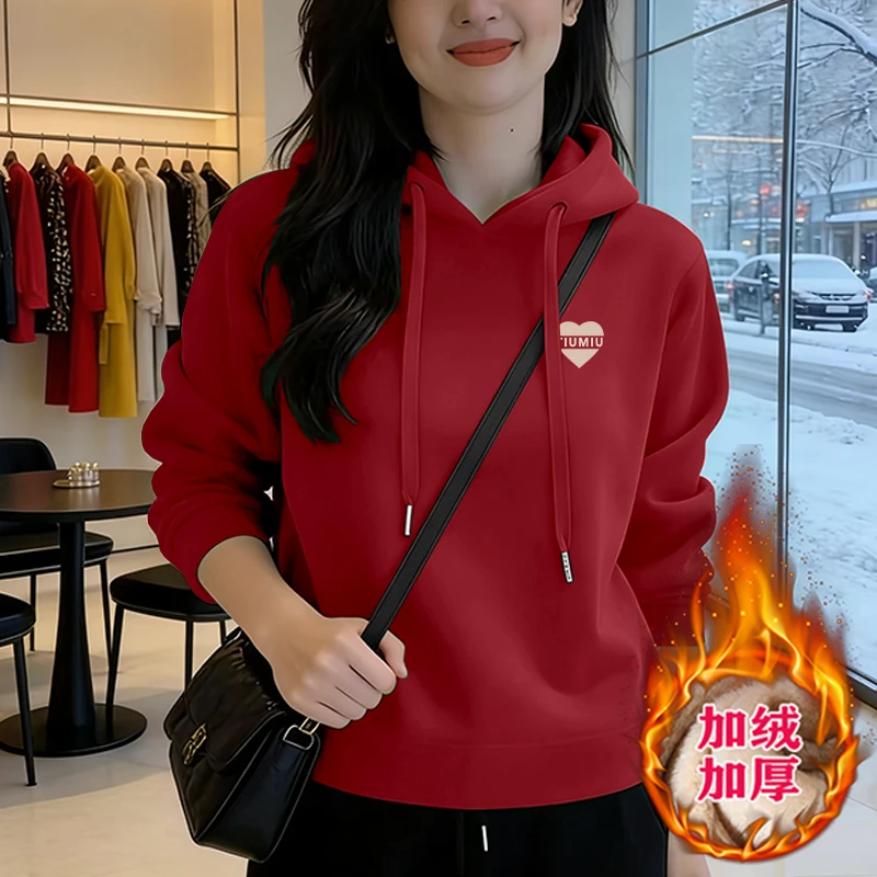 时尚加绒宽松加厚秋冬休闲印花连帽女士卫衣新款长袖洋气上衣外套