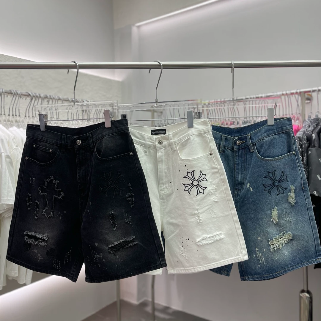 克某家牛仔做旧水洗短裤前后副立体刺绣十字架贴布工艺高级感满满