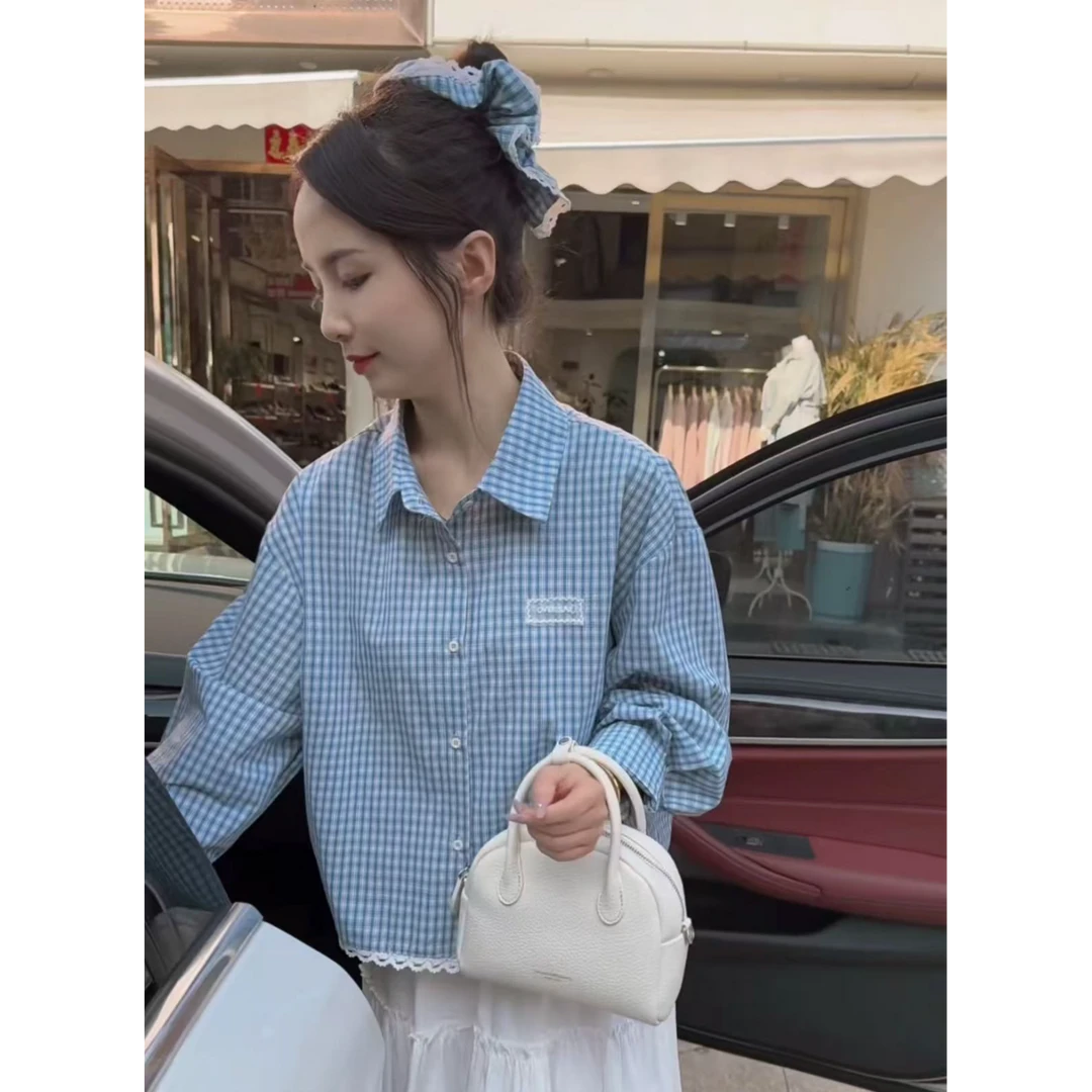 ZY服饰 春装新品 韩系蓝格子衬衫（配头花）