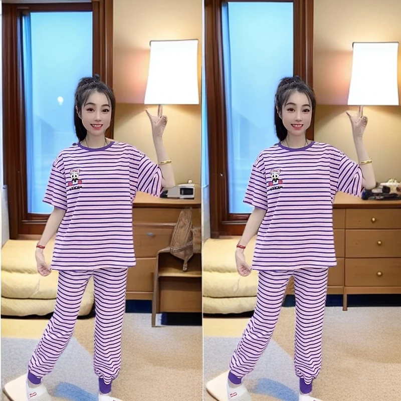 大码显瘦2025新款春季卡通条纹短袖长裤可外穿20岁-45岁睡衣套装