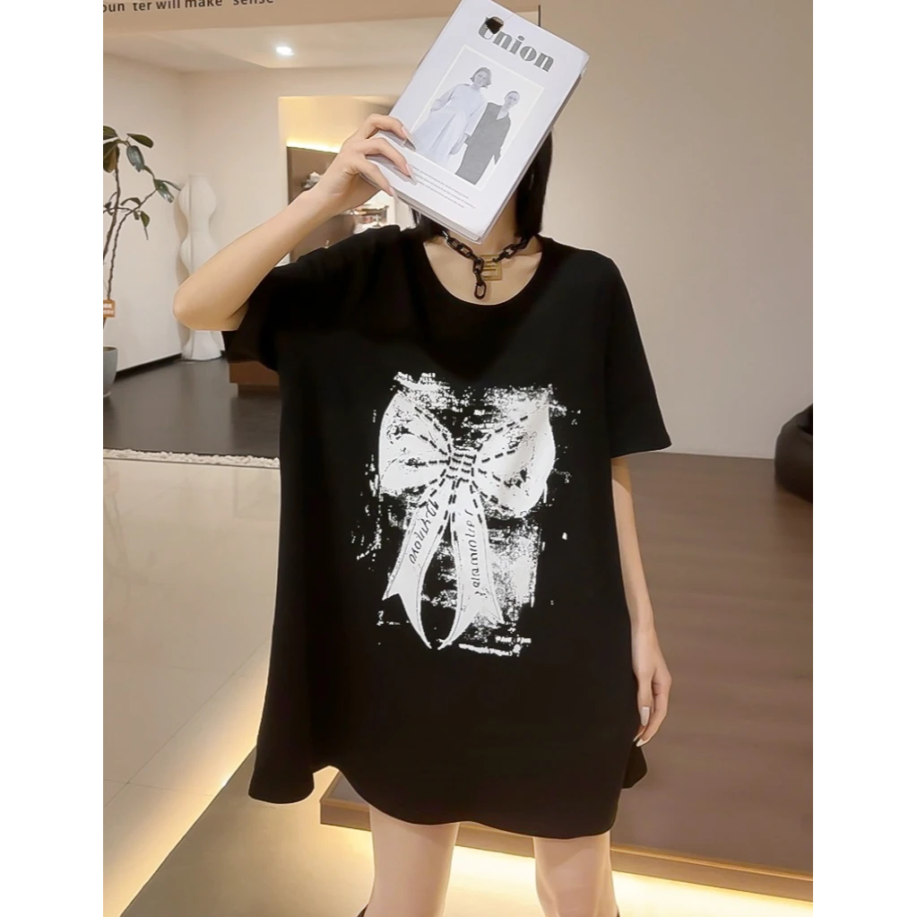 8150蝴蝶结欧货短袖T恤2025春夏新款中长款宽松美式复古重工上衣