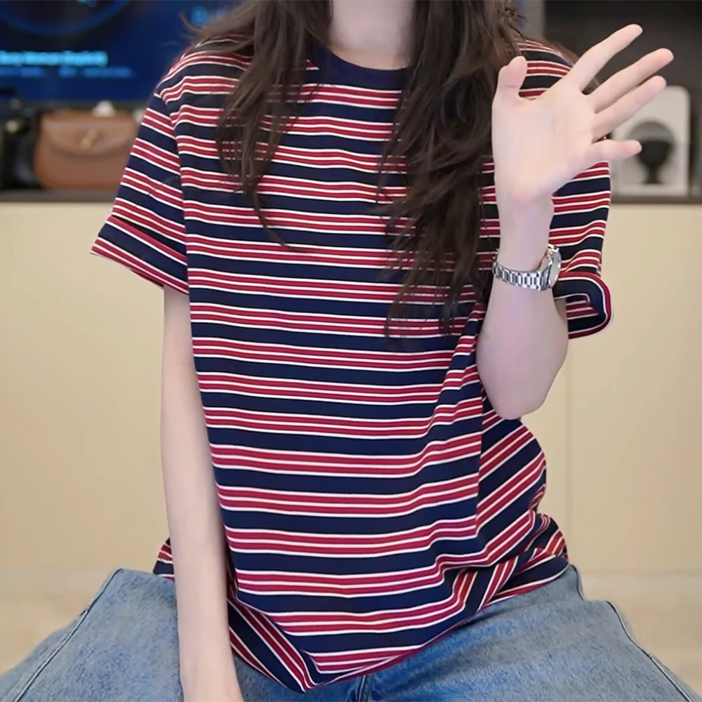 黑色领红色条纹T恤短袖打底宽松百搭上衣