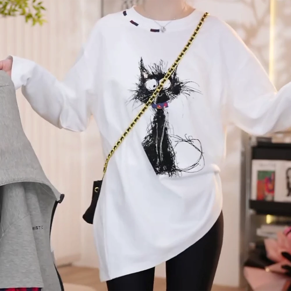 【喵不可言】春夏新款慵懒时尚简约气质中长款显瘦打底T恤女上衣