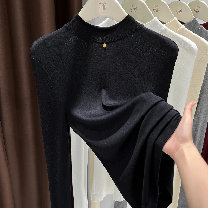 气质半高领长袖打底衫女薄款内搭小个子修身上衣春秋新款正肩T恤