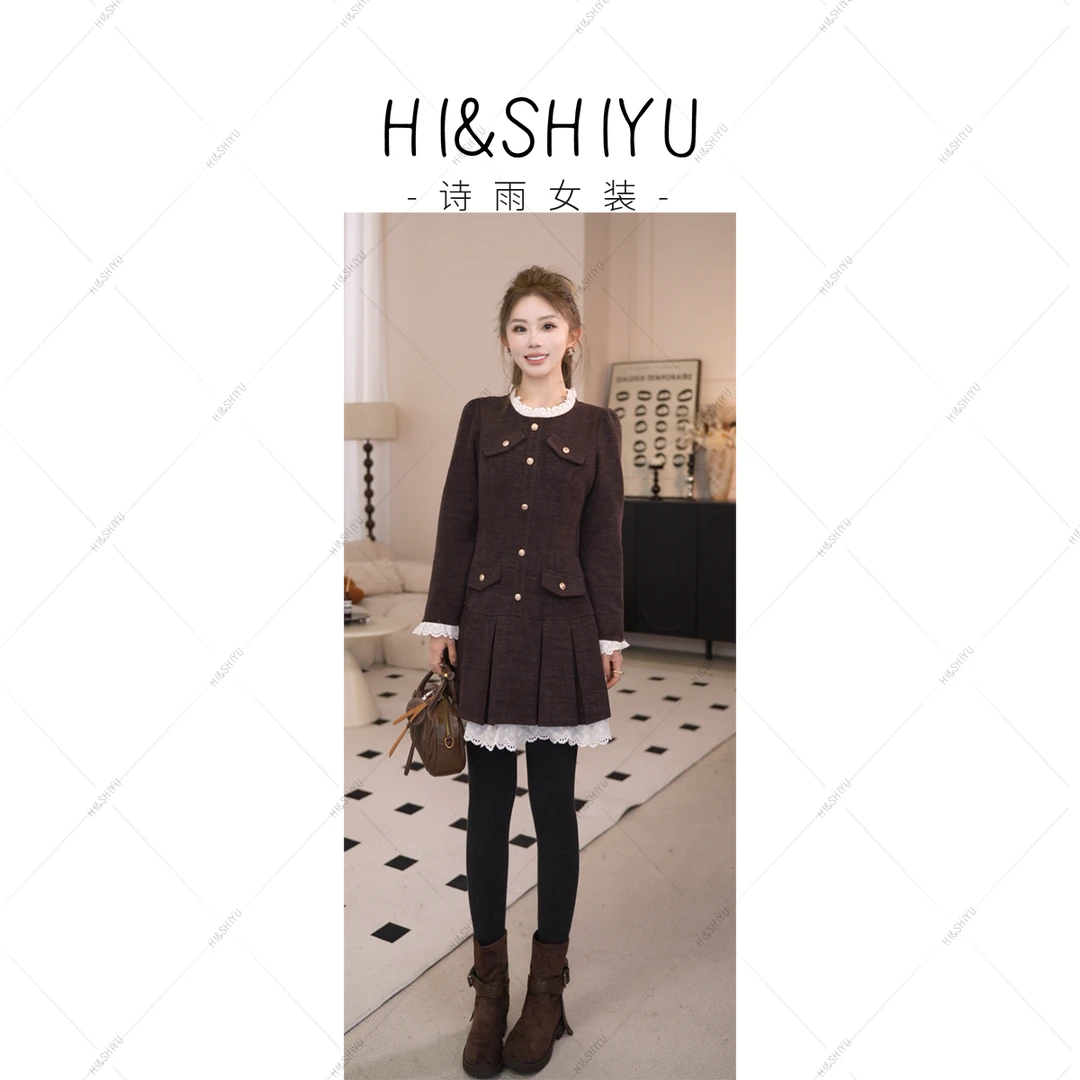 HISHIYU【万人迷】 2025冬装新款小金扣加厚百搭毛呢连衣裙TPC9058