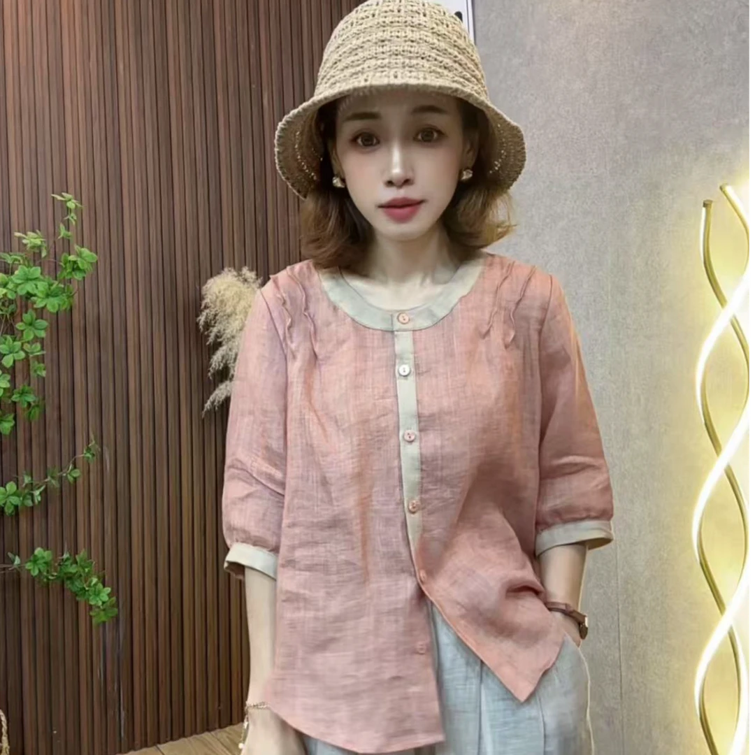 2025夏小个子苎麻中袖衬衫女短袖宽松女拼色上衣休闲衬衣SS008