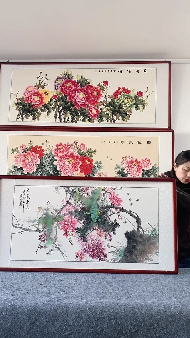国画纯手绘国画125*65带框装饰挂画