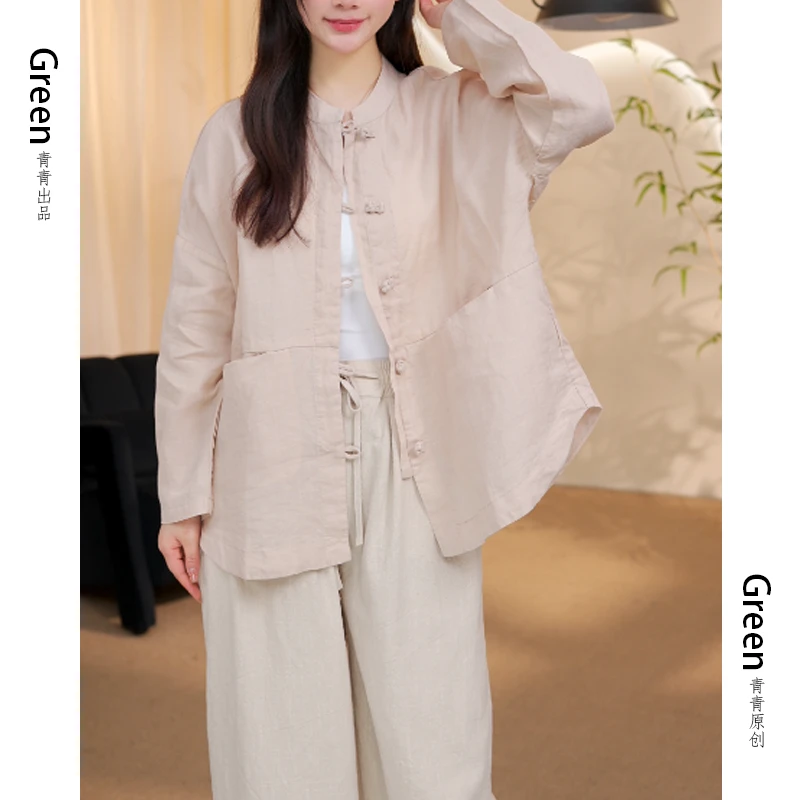 6196中式复古苎麻对襟盘扣立领衬衫中国风唐装宽松长袖衬衣茶服