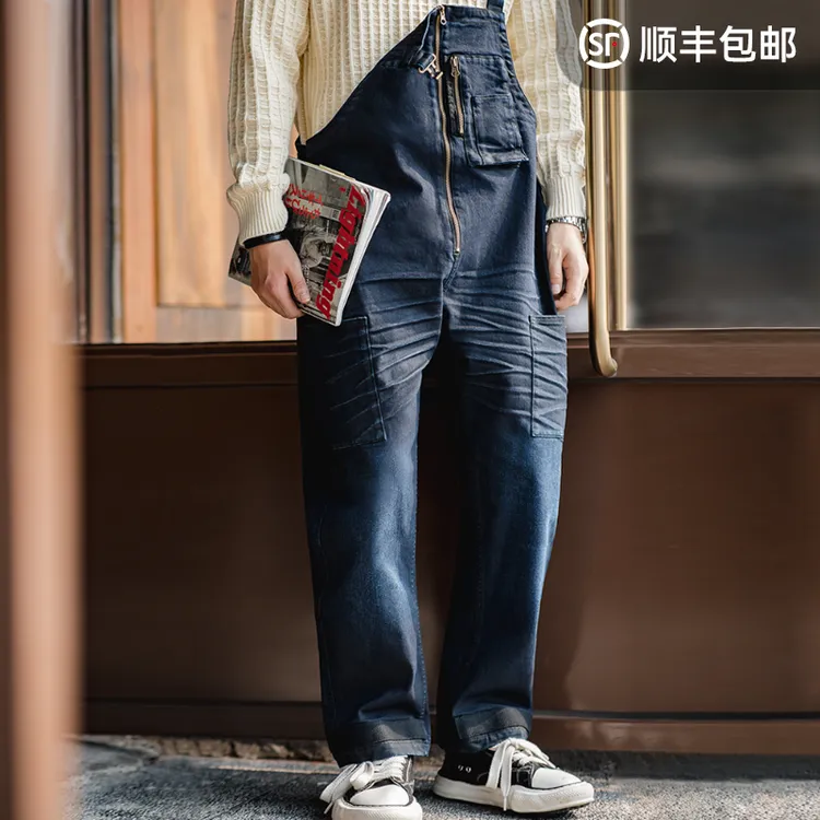 马登工装 美式复古牛仔甲板背带裤做旧猫须直筒连体吊带长裤男春