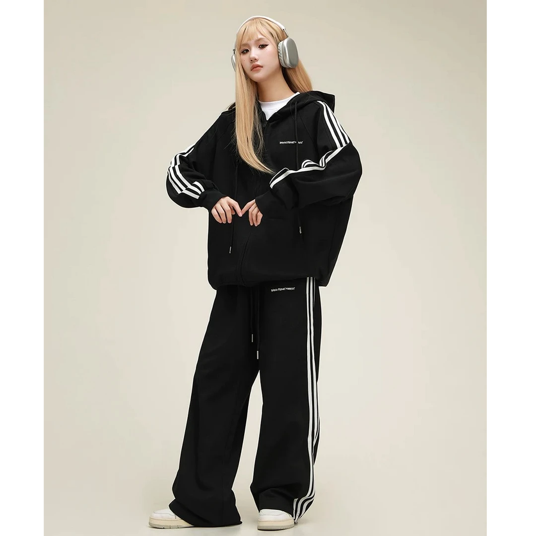 美式复古重磅条纹休闲运动套装男女秋冬cleanfit外套