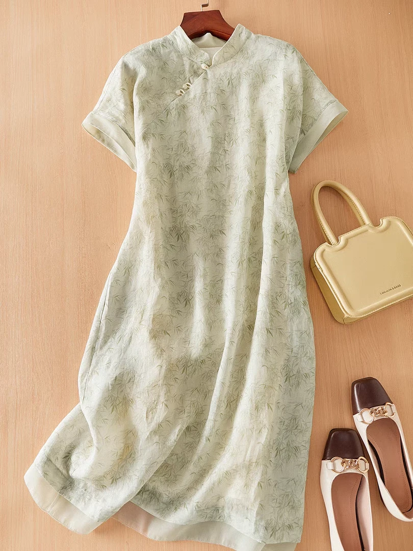 夏季时尚款复古洋气短袖新中式复古风提花裙子连衣裙旗袍裙A字裙