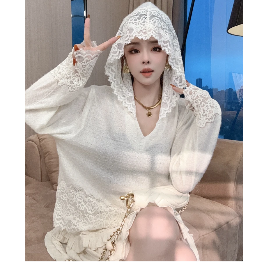 百搭连帽蕾丝边拼接针织衫初春新款内搭80100显瘦气质白色时尚