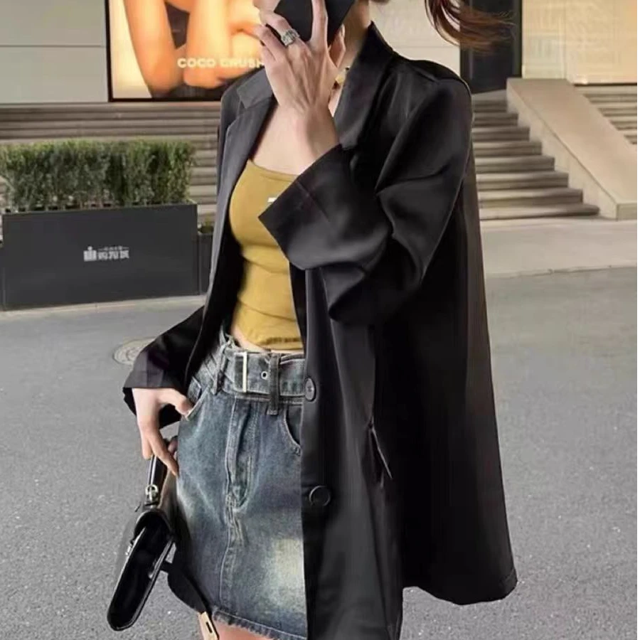 D3719新款纯色缎面西装外套女御姐气质名媛上衣