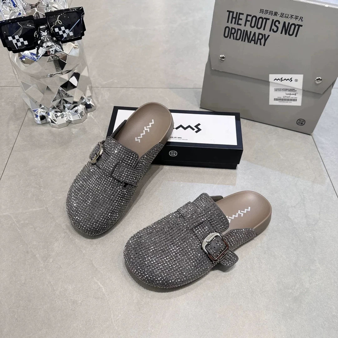 包头满钻方头春夏小众包头拖日常纯色半拖水钻