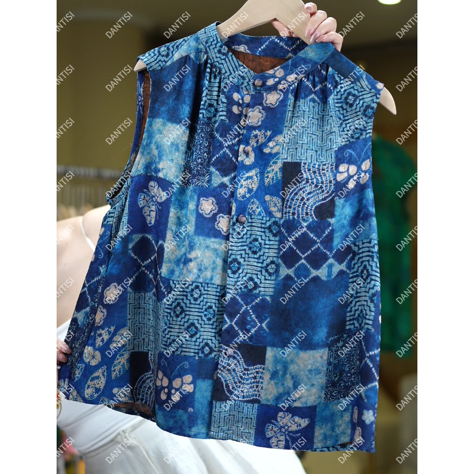 青花漫<<非遗美学>>1358新中式复古印花减龄无袖背心