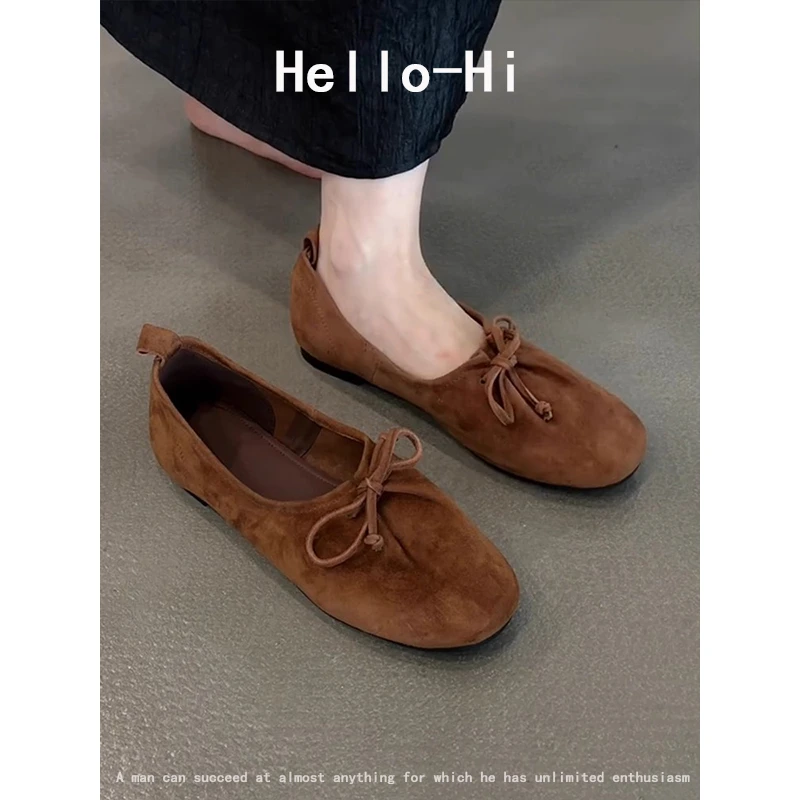 法式优雅复古软底单鞋女2025一脚蹬小众浅口蝴蝶结圆头绒面平底鞋