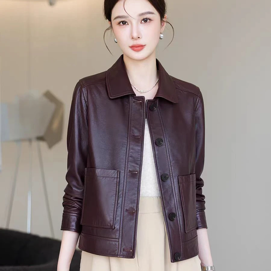 海宁正品短款皮衣女2025春季新品皮夹克翻领小个子短外套