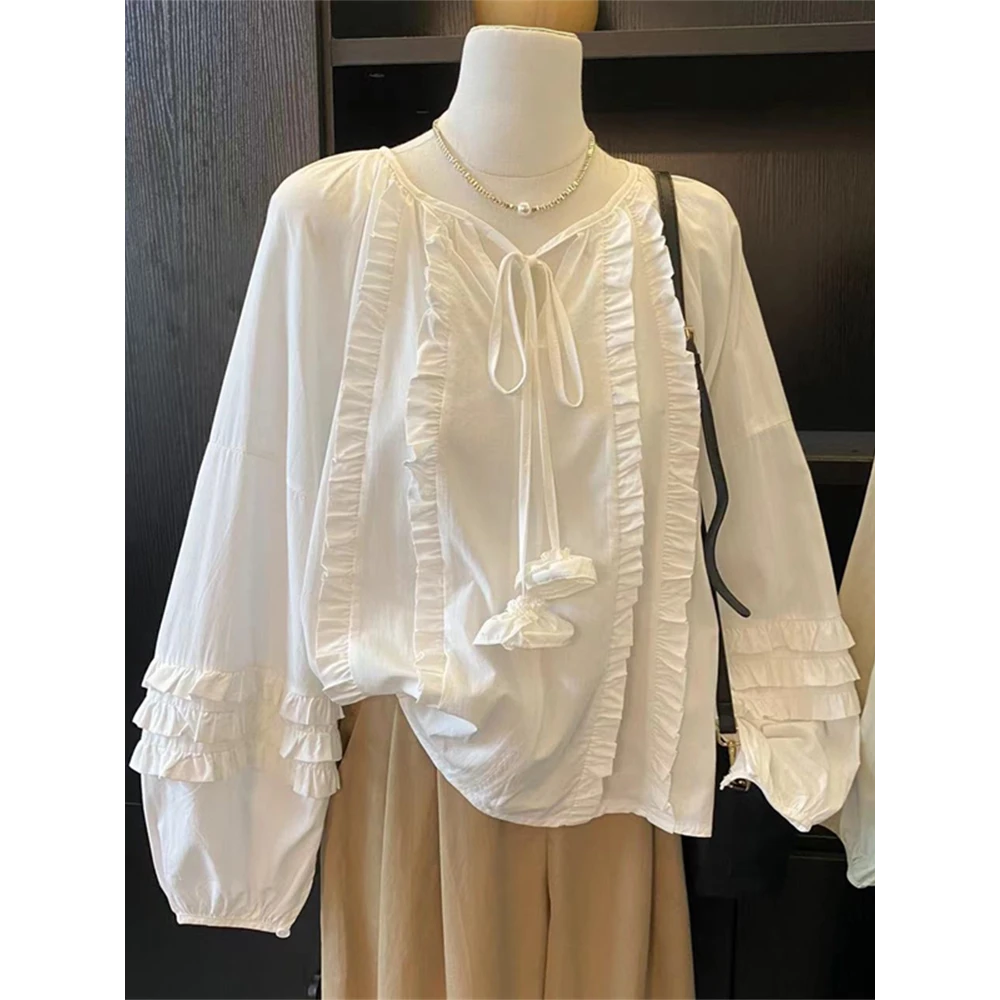 法式温柔木耳边灯笼袖衬衫女春秋设计感宽松白色V领系带长袖衬衣