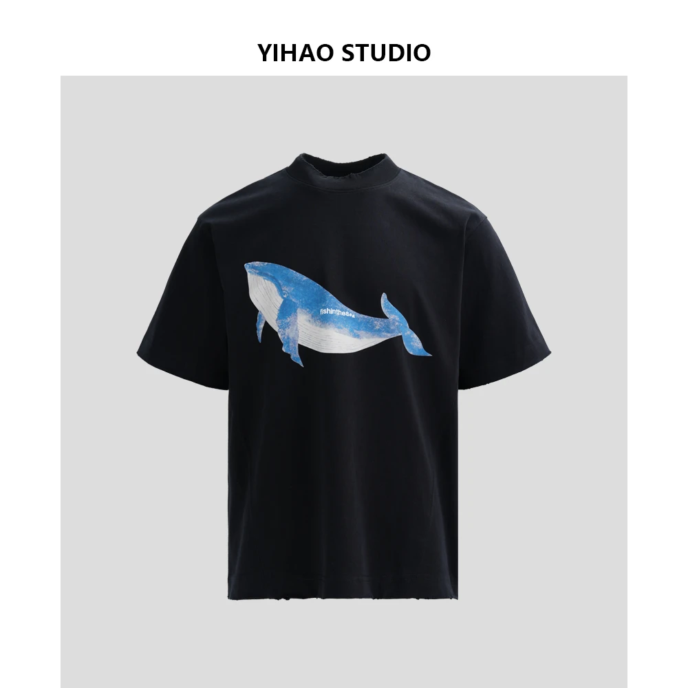 YIHAO STUDIO夏季新款男士纯棉鲸鱼T恤潮流百搭时尚宽松圆领短袖