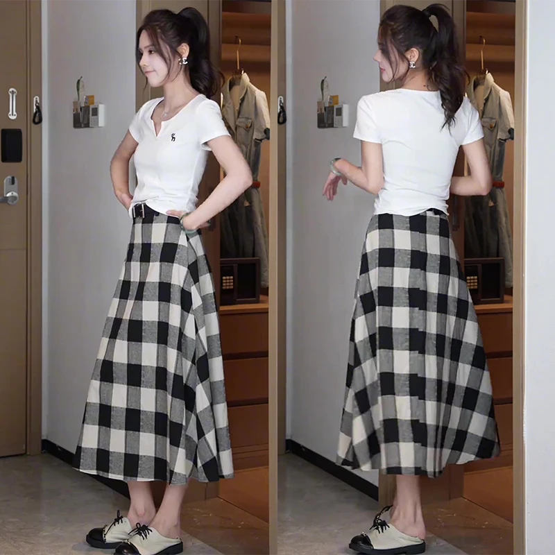 夏季休闲显瘦修身收腰百搭短袖上衣高腰时尚格子半身裙减龄两件套