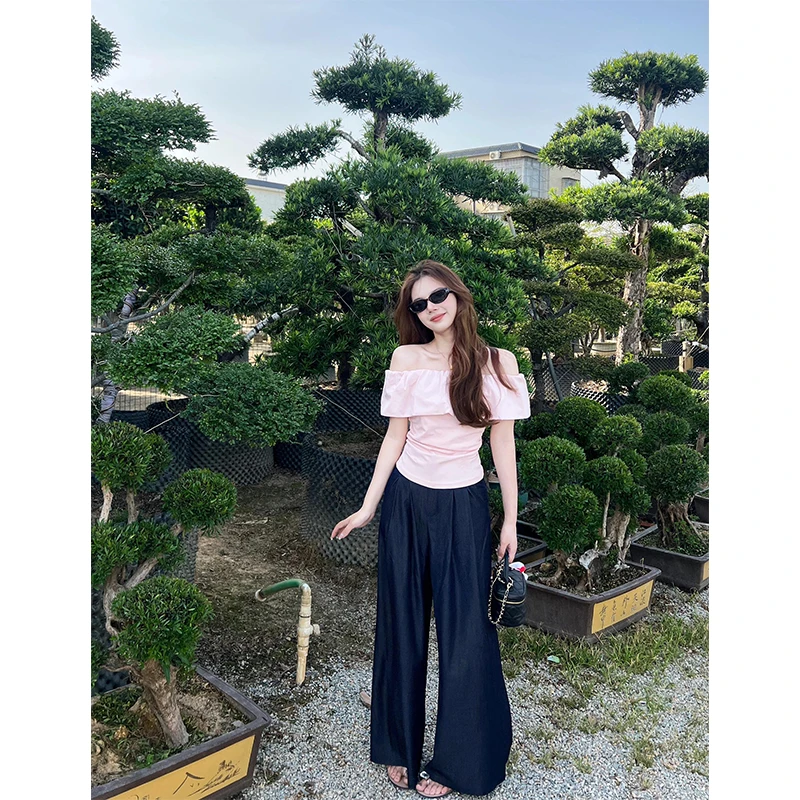 休闲套装女装一字肩荷叶边短袖T恤上衣阔腿休闲垂感拖地阔腿裤